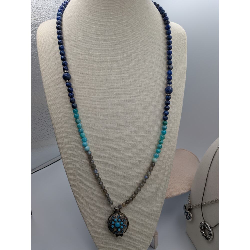 Artisan Lapis Labradorite Amazonite Beaded Locket Necklace Turquoise Flower